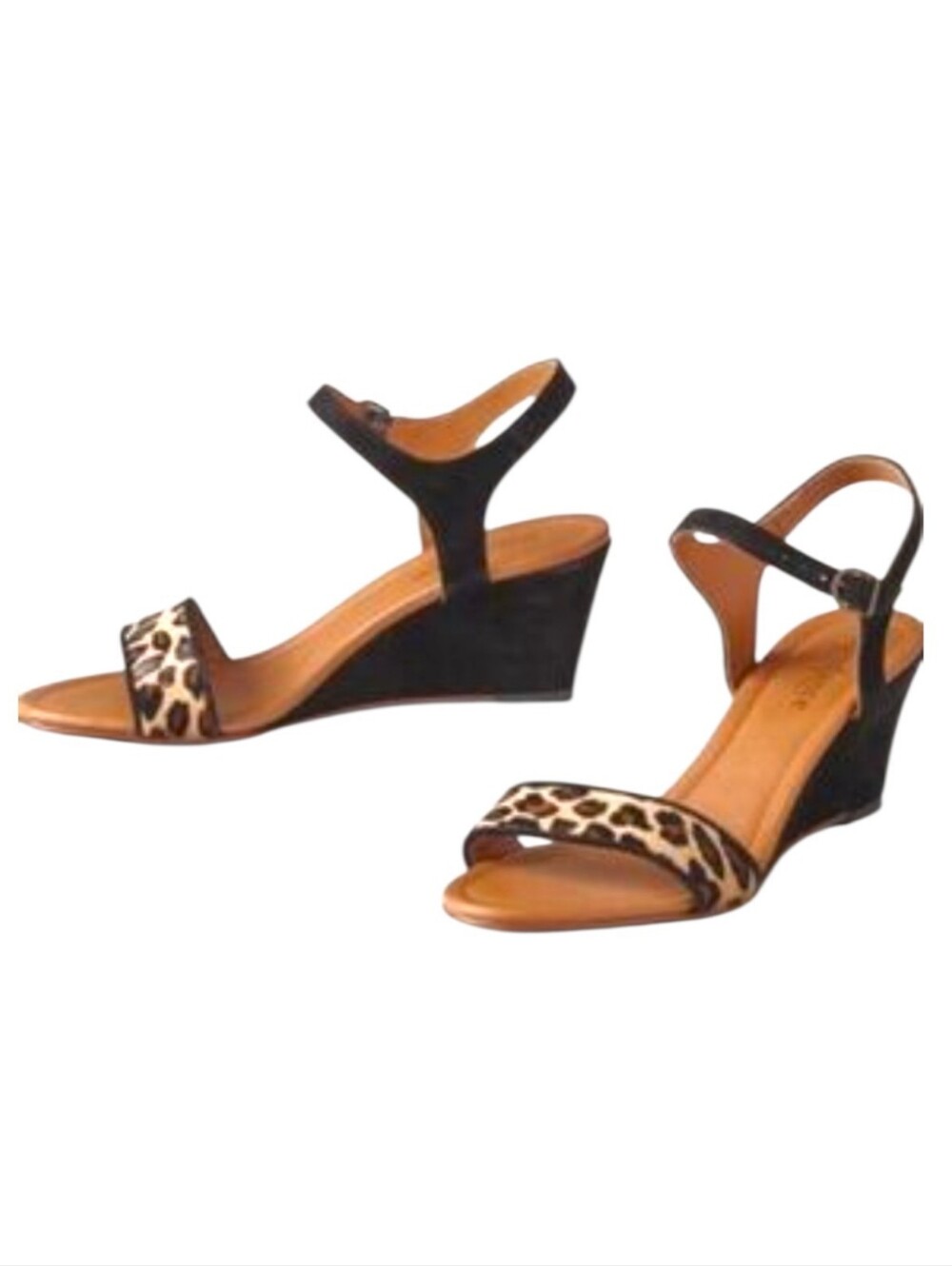 Sundence Black Wedge Sandals with Leopard Print Strap Size 39/US 8.5